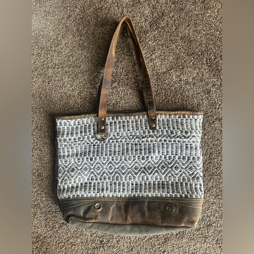Myra Bag Gray and Brown Tote with Leather Straps NWOT